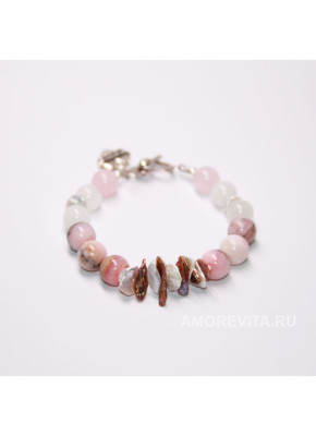 Браслет из Опала, Лунного камня, Кварца и Перламутра с подвеской сердечком