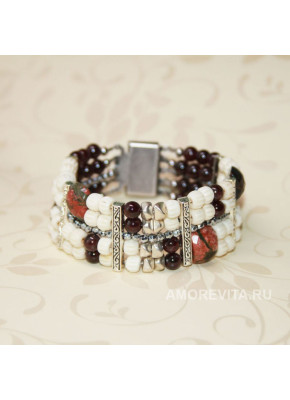 Многорядный браслет из Граната, Гематита, Яшмы и белой кости быка