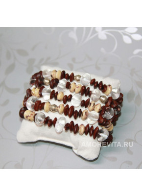 Многорядный браслет из семян Акации, бусин кораллового известняка и Кварца