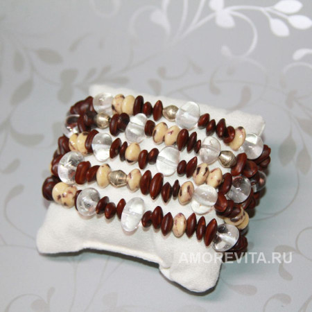 Многорядный браслет из семян Акации, бусин кораллового известняка и Кварца