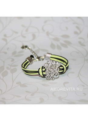 Кожаный браслет черно-салатовый