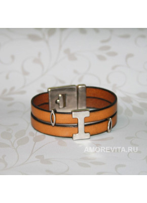 Широкий двухрядный браслет из коричневой кожи