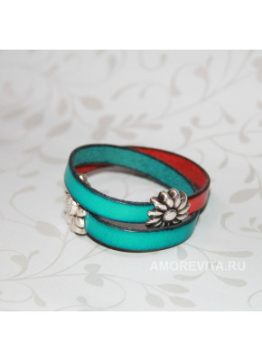 Кожаный браслет красно-бирюзового цвета в два оборота