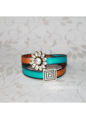Кожаный браслет коричнево-бирюзового цвета в два оборота