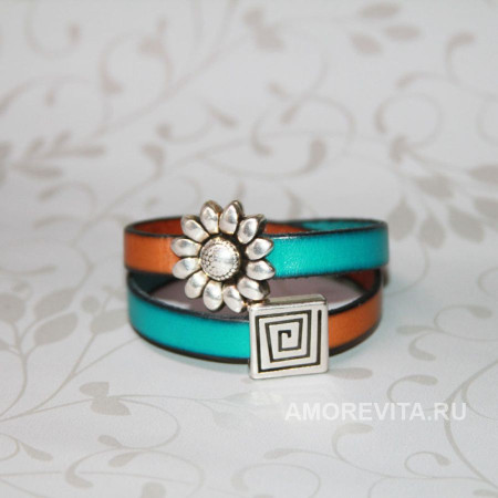 Кожаный браслет коричнево-бирюзового цвета в два оборота