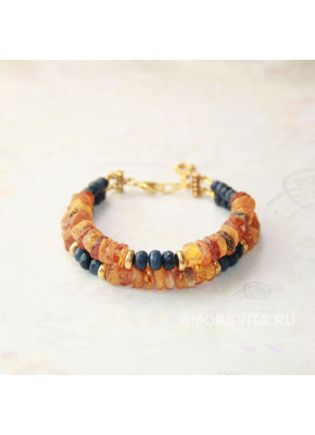 Двухрядный браслет из Янтаря с Агатом