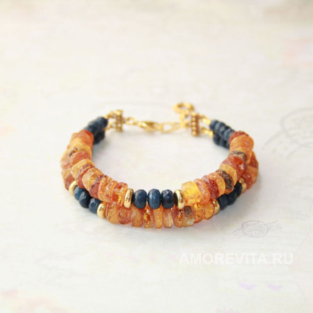 Двухрядный браслет из Янтаря с Агатом