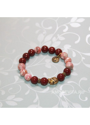 Браслет из Нефрита и Родохрозита с подвеской знаком Ом