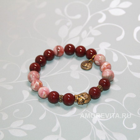 Браслет из Нефрита и Родохрозита с подвеской знаком Ом Браслет из Нефрита и Родохрозита с подвеской знаком Ом