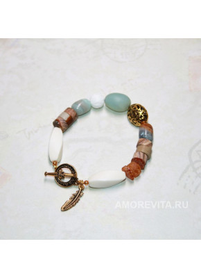 Браслет из Яшмы, Янтаря, Амазонита, Халцедона, натуральной кости