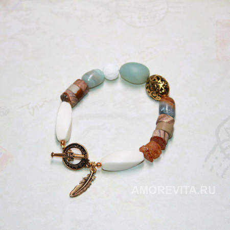 Браслет из Яшмы, Янтаря, Амазонита, Халцедона, натуральной кости