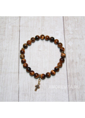 Браслет из Тигрового глаза с позолоченной подвеской крестиком