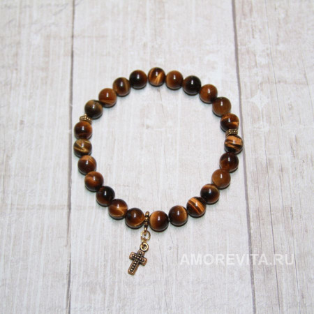 Браслет из Тигрового глаза с позолоченной подвеской крестиком Браслет из Тигрового глаза с позолоченной подвеской крестиком