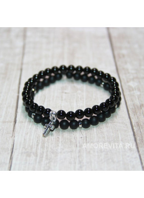 Комплект из 2-х браслетов - Шунгит и Агат с подвеской крестиком