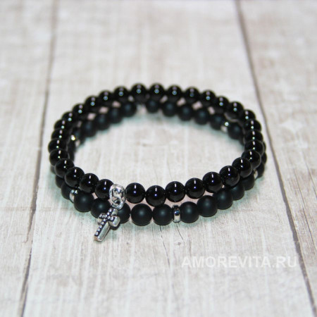 Комплект из 2-х браслетов - Шунгит и Агат с подвеской крестиком