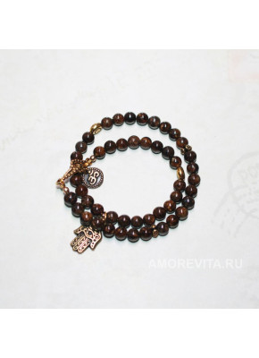 Двойной браслет из Бронзита с подвесками знак ОМ и Хамса