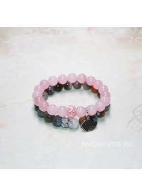 Комплект из 2-х браслетов - Агат ботсвана и Кварц, с подвеской птичкой