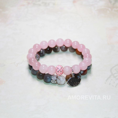 Комплект из 2-х браслетов - Агат ботсвана и Кварц, с подвеской птичкой