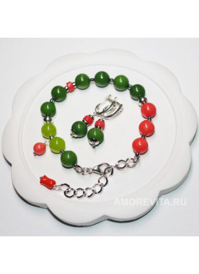 Комплект украшений из Коралла и Агата (браслет, серьги)